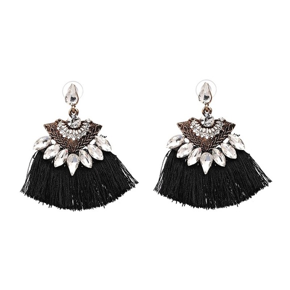 NWOT Jeweled Black Tassel Earrings - Picture 3 of 7